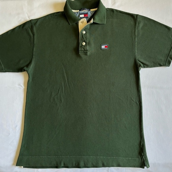 VINTAGE Tommy Jeans Hilfiger Green Polo Shirt Men’s Large Snap Button Flag Logo - Picture 1 of 7